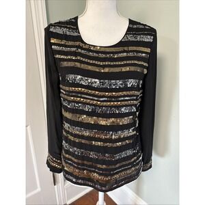 NWT Piperlime Black Gold Silver Sequin Beaded‎ Striped Blouse Top Size XS